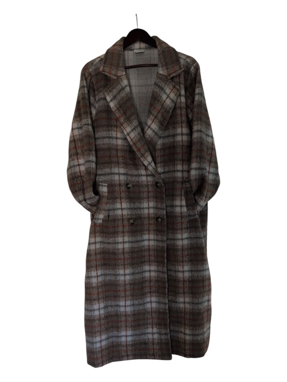 Plaid Long Double-Breasted Duster in Brown and Cream By Arula